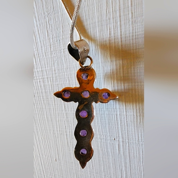 GENUINE AMETHYST 925 STERLING SILVER Vintage Cross Pendant with S.S. Snake Chain - Picture 4 of 8